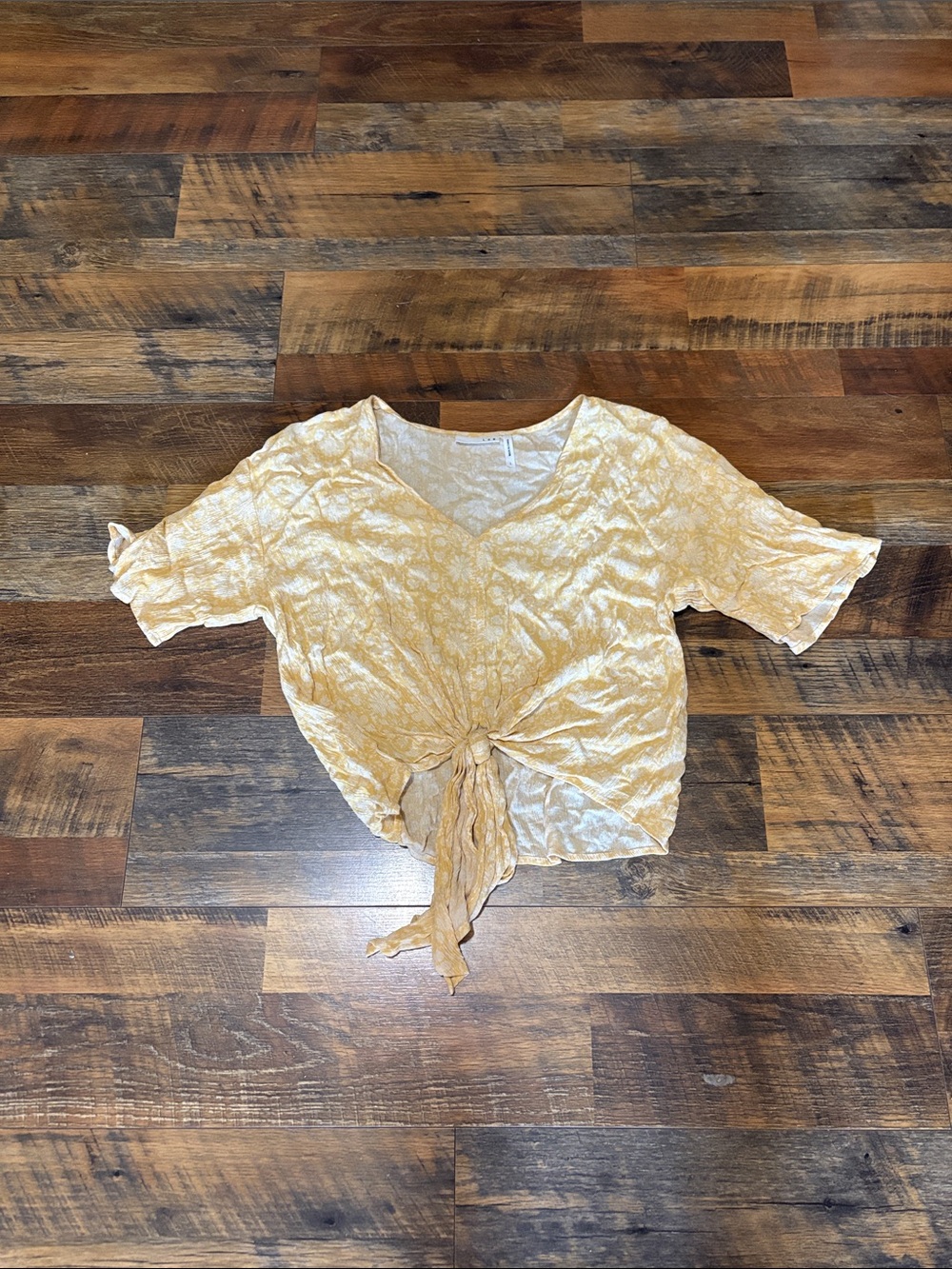 LUQ Tie-Front V-Neck Short Sleeve Top in Mustard Yellow